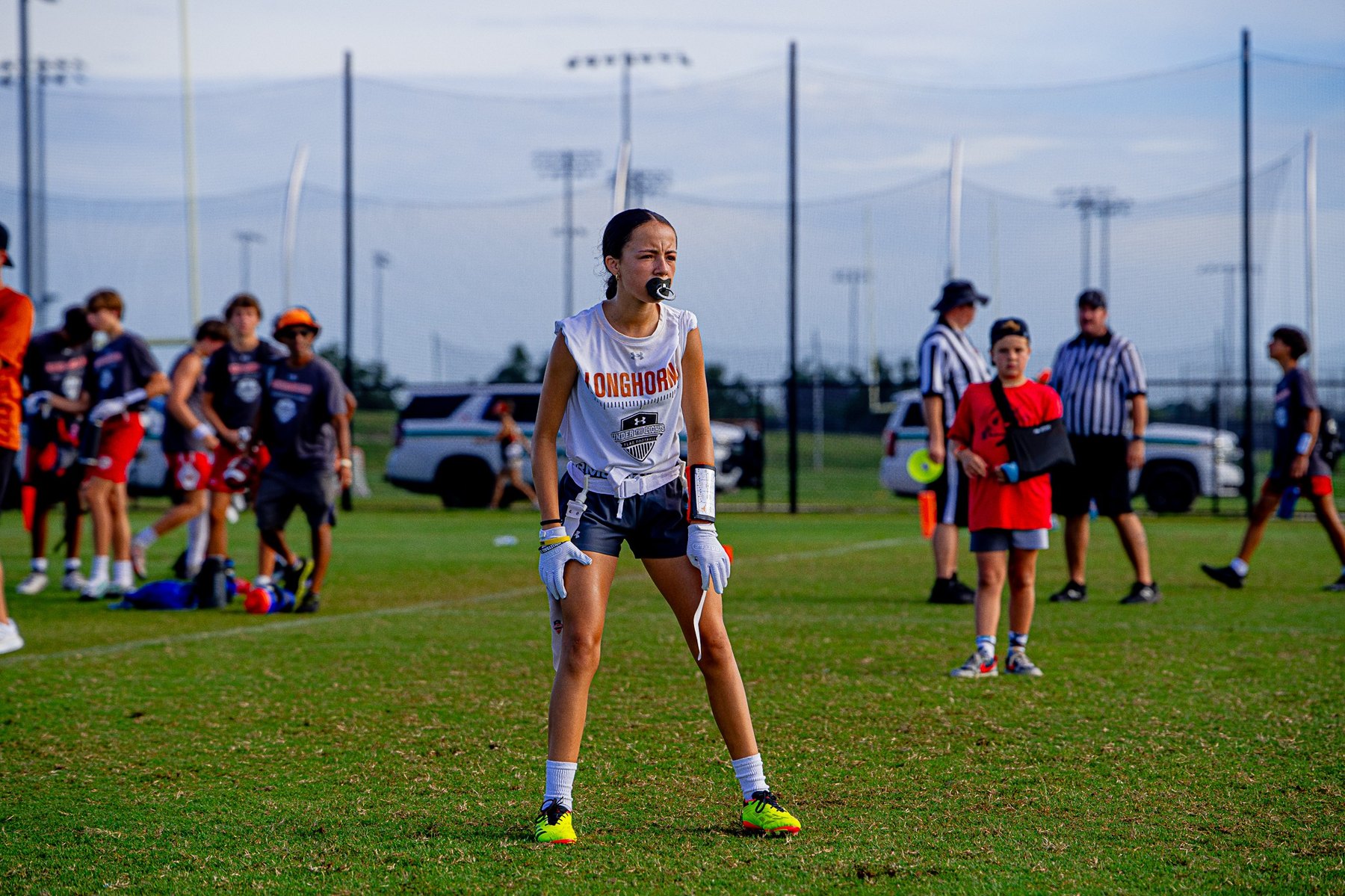 Girls flag football player ready before the snap